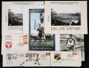 SOUTH MELBOURNE SWANS: Group of seven signed pictures, the largest 42 x 29.5cm, featuring signatures of Bob Pratt and Barry Round, plus a quantity of unsigned images and sixteen VFL first day covers (seven signed). (qty.)