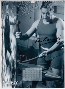 SIGNED CHARITY CALENDAR: 1998 "Men Of Steel" calendar, featuring workout photographs, all with original signatures of Allen Aylett, Ron Barassi, Jack Clarke, Brendan Edwards, John Goold, Tommy Hafey, Kevin Murray, Neil Roberts, Bob Rose, John Schultz, Bob Skilton, and Doug Wade; 42 x 30cm.
