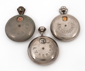 Group of three c. 1930s umpire's cricket counters, all in full working order, comprising six-ball "Lyrebird", eight-ball "Lyrebird", and eight-ball "Recorder". (3 items)