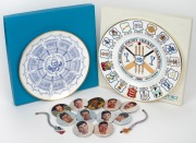 Collection remainder comprising eleven c. 1990s cricketer badges including Allan Border, Mark Waugh, Merv Hughes, and David Boon, together with 1977 Coalport "G. Boycott - Century Of Centuries" plate in box, 1980 Coalport "Middlesex Country Cricket Champi