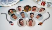 Collection remainder comprising eleven c. 1990s cricketer badges including Allan Border, Mark Waugh, Merv Hughes, and David Boon, together with 1977 Coalport "G. Boycott - Century Of Centuries" plate in box, 1980 Coalport "Middlesex Country Cricket Champi - 2