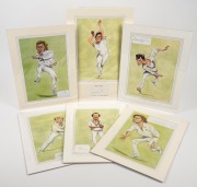 TEST CRICKETERS: Group of seven signed caricature prints by "Ireland", six of which window mounted, comprising Jeff Thomson, Lance Cairns, Chris Cairns, Jeremy Coney, Richard Hadlee, Daniel Vettori, and Martin Crowe; the largest of the mounted prints 41.5
