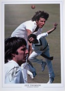 TEST CRICKETERS: Group of seven signed caricature prints by "Ireland", six of which window mounted, comprising Jeff Thomson, Lance Cairns, Chris Cairns, Jeremy Coney, Richard Hadlee, Daniel Vettori, and Martin Crowe; the largest of the mounted prints 41.5 - 2