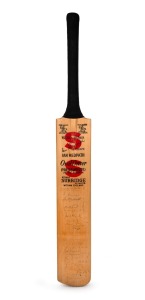 114 · A full-size Ian Redpath Oval Driver cricket bat, signed by members of both teams during the 1971-72 Rest of the World XI tour of Australia; the Australian signatures include Ian Johnson, Len Maddocks, Alan Connolly, Jack Potter and Lindsay Kline; the rest of the world signatures include Gary Sobers, Tony Greig, Bob Taylor, Sunil Gavaskar, and Richard Hutton. (26 signatures in total)