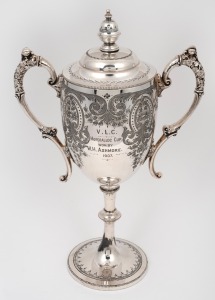 MORDIALLOC CUP: Silver-plated trophy presented by the Victorian Launch Club in 1907 to a W.H. Ashmore of the boat "Nancy Belle", for victory in the Williamstown to Mordialloc race; height 34.5cm.