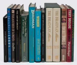 A collection of books, including "Test Decade 1972/1982" by Eagar (1982); "The Complete Who's Who of Test Cricketers" by Martin-Jenkins (1983); "The Art of Cricket" by Simon & Smart (1983); "Glorious Innings - Treasures from the Melbourne Cricket Club Collection" by Bouwman (1987); "The Bradman Albums" 2 volume cased set (1987); "The Complete History of Cricket Tours at Home and Abroad" by Wynne-Thomas (1989); "Treasures of Lord's" by Rice (1989); "Sketches at Lord's" by Down and West (1990);