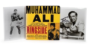 24 · MUHAMMAD ALI: "MUHAMMAD ALI RINGSIDE" by Miller & Kenedi [London : Virgin, 1999] 1st edition, 128pp, hardcover with dust jacket. With contributions by Alex Haley, James Earl Jones and chapters by Norman Mailer and Joyce Carol Oates (both of whom have signed the book); accompanied by a black & white photograph of Ali in boxing pose, signed and dated March 1996; together with a signed and dated photograph of Angelo Dundee, Ali's trainer. (3 items)