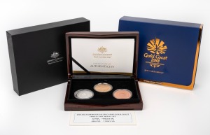 Gold Coast 2018 XXI Commonwealth Games RAM Three Coin Set, in original packaging, #257 of limited edition of 2018.