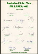 1983 AUSTRALIAN TEAM TO SRI LANKA: Three copies of the official team sheet, each with sixteen signatures including those of Greg Chappell, David Hookes, and Allan Border. - 4