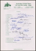 1981 AUSTRALIAN TEAM TO U.K. AND SRI LANKA: Four copies of the official team sheet, each with eighteen signatures including those of Kim Hughes, Rod Marsh, and Allan Border; fine condition.