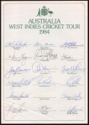 1984 AUSTRALIAN TEAM TO WEST INDIES: Official team sheet with seventeen signatures, including those of Kim Hughes, Allan Border, and Graham Yallop, together with 1983/84 Benson & Hedges Test Series Australian official team sheet with twelve signatures. (2 - 3