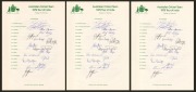 1979 AUSTRALIAN TEAM TO INDIA: Three copies of the official team sheet, each with sixteen signatures, including those of Kim Hughes, Andrew Hilditch, and Allan Border; fine condition.