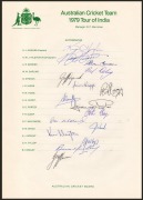 1979 AUSTRALIAN TEAM TO INDIA: Three copies of the official team sheet, each with sixteen signatures, including those of Kim Hughes, Andrew Hilditch, and Allan Border; fine condition. - 2