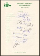 1979 AUSTRALIAN TEAM TO INDIA: Three copies of the official team sheet, each with sixteen signatures, including those of Kim Hughes, Andrew Hilditch, and Allan Border; fine condition. - 3