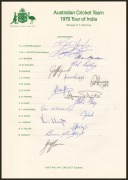 1979 AUSTRALIAN TEAM TO INDIA: Three copies of the official team sheet, each with sixteen signatures, including those of Kim Hughes, Andrew Hilditch, and Allan Border; fine condition. - 4