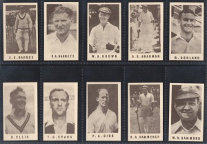 278 · Diverse group of 1900s-1930s cricket trade cards, including Allen's [29], Wizard For Boys [32], The Boys' Realm [7], Chums [9], De Reske [9], Boys' Magazine [8], Patrol Tobacco [5], and many others; noted Don Bradman and Bill Ponsford; mixed condition - mainly fine. Inspection will reward. (175 items)