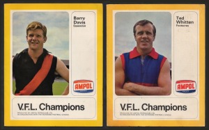 Two 1968 Ampol "VFL Champions" folders with 45rpm records, featuring Ted Whitten (Footscray) and Barry Davis (Essendon); Fine condition.