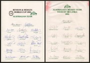1992 Australian Team to World Cup official team sheet with seventeen signatures including those of Allan Border (captain), Geoff Marsh, Craig McDermott, Steve Waugh, and Dean Jones, fine condition, together with an Australian signed team sheet for that ye