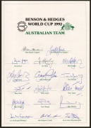 1992 Australian Team to World Cup official team sheet with seventeen signatures including those of Allan Border (captain), Geoff Marsh, Craig McDermott, Steve Waugh, and Dean Jones, fine condition, together with an Australian signed team sheet for that ye - 2