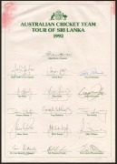 1992 Australian Team to World Cup official team sheet with seventeen signatures including those of Allan Border (captain), Geoff Marsh, Craig McDermott, Steve Waugh, and Dean Jones, fine condition, together with an Australian signed team sheet for that ye - 3
