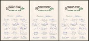 1992 Australian Team to World Cup official team sheets (3) with seventeen signatures including those of Allan Border (captain), Geoff Marsh, Craig McDermott, Steve Waugh, and Dean Jones; fine condition. (3 items)