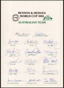 1992 Australian Team to World Cup official team sheets (3) with seventeen signatures including those of Allan Border (captain), Geoff Marsh, Craig McDermott, Steve Waugh, and Dean Jones; fine condition. (3 items) - 2