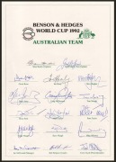 1992 Australian Team to World Cup official team sheets (3) with seventeen signatures including those of Allan Border (captain), Geoff Marsh, Craig McDermott, Steve Waugh, and Dean Jones; fine condition. (3 items) - 3