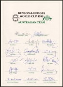 1992 Australian Team to World Cup official team sheets (3) with seventeen signatures including those of Allan Border (captain), Geoff Marsh, Craig McDermott, Steve Waugh, and Dean Jones; fine condition. (3 items) - 4