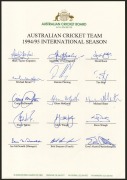 Official Australian cricket team sheets titled "1994/95 International Season", including signatures of Mark Taylor, Ian Healy, David Boon, Shane Warne, Mark Waugh, and Steve Waugh. (2 examples) - 2