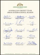 Official Australian cricket team sheets titled "1994/95 International Season", including signatures of Mark Taylor, Ian Healy, David Boon, Shane Warne, Mark Waugh, and Steve Waugh. (2 examples) - 3