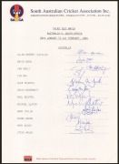 Official SACA team sheets produced for the third Test Match at Adelaide, January 1994, with signatures of the Australian Team, including those of Allan Border, David Boon, Craig McDermott, Shane Warne, and Mark & Steve Waugh. (2 examples) - 2