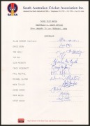 Official SACA team sheets produced for the third Test Match at Adelaide, January 1994, with signatures of the Australian Team, including those of Allan Border, David Boon, Craig McDermott, Shane Warne, and Mark & Steve Waugh. (2 examples) - 3