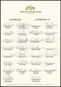 Official team sheets headed "Australia" and "Australia A", with twenty-two players' signatures (including Mark Taylor, Ian Healy, David Boon, Shane Warne, Michael Bevan, Ricky Ponting, and Matthew Hayden), together with signatures of the coaches and other - 2