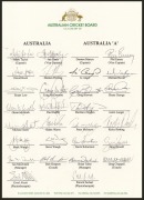 Official team sheets headed "Australia" and "Australia A", with twenty-two players' signatures (including Mark Taylor, Ian Healy, David Boon, Shane Warne, Michael Bevan, Ricky Ponting, and Matthew Hayden), together with signatures of the coaches and other - 3