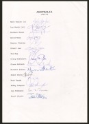 Official team sheets headed "Australia" and "Australia A", with twenty-two players' signatures (including Mark Taylor, Ian Healy, David Boon, Shane Warne, Michael Bevan, Ricky Ponting, and Matthew Hayden), together with signatures of the coaches and other - 4