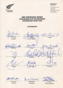 New Zealand Cricket official team sheets headed "BNZ Centenary Series Quadrangular Tournament - Australian Team 1995", signed by all twelve team members and the three officials, including Mark Taylor, Ian Healy, Joe Angel, Greg Blewett, Shane Warne, and R