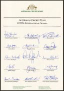 Official ACB team sheets headed "Australian Cricket Team - 1995/96 International Season", signed by Mark Taylor, Ian Healy, David Boon, Glenn McGrath, Shane Warne, Mark & Steve Waugh, among others. (2 examples) - 2