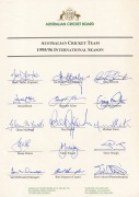 Official ACB team sheets headed "Australian Cricket Team - 1995/96 International Season", signed by Mark Taylor, Ian Healy, David Boon, Glenn McGrath, Shane Warne, Mark & Steve Waugh, among others. (2 examples) - 3