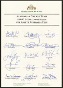 OFFICIAL ACB TEAM SHEETS: Comprising one headed "Australian Cricket Team - 1996/97 International Season - Carlton & United Series", signed by Mark Taylor, Ian Healy, Jason Gillespie, Glenn McGrath, Ricky Ponting, and Shane Warne, together with two ACB she - 2