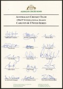 OFFICIAL ACB TEAM SHEETS: Comprising one headed "Australian Cricket Team - 1996/97 International Season - Carlton & United Series", signed by Mark Taylor, Ian Healy, Jason Gillespie, Glenn McGrath, Ricky Ponting, and Shane Warne, together with two ACB she - 4