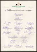 A group of official team sheets with printed signatures, comprising 1994 Australian team to South Africa (5), 1995 Australian team to New Zealand (2), 1996 Australian team to the World Cup (3), and 1997 Australian Touring Party to the Ashes (8). (18 items