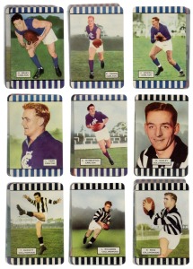 1954 COLES: "Victorian Footballers" (Series 1) almost complete set [54/56] including John Coleman card, plus 1 duplicate, all in Ultra Pro pocket pages; overall superb condition.