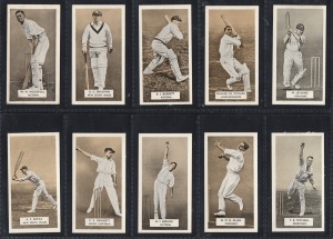 298 · VARIOUS: Group comprising 1926 Gallaher "Famous Cricketers" part-set [54/100] plus 2 duplicates, 1934 Arcadia Works (Carreras) "A Series of Cricketers" complete set [30], 1936 Churchman "Cricketers" part-set [40/50], and 1956 Kane Products "Cricketers" complete set [50]; G/VG. (174 items)