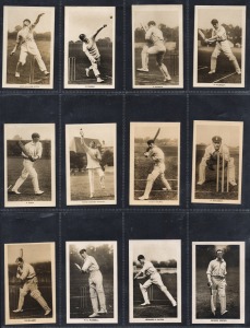 284 · REAL PHOTO CIGARETTE CARDS: An accumulation of seventy-one cards, including 1922 Amalgamated Press ("The Champion") "Sportsmen" (6), 1922 The Boys' Realm "Famous Cricketers" (12), 1928 Major Drapkin "Australian And English Test Cricketers" part-set [14/25], also some De Reszke, and many others; all in pocket pages, G/VG. (71 items)