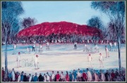 GREG CHAPPELL (Australian Test Captain), signature on the back of "Cricket at Ayres Rock" colour lithograph print by Pro Hart, framed and glazed, 38 x 46cm overall. - 2
