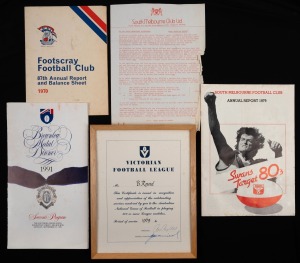 VFL 200 CLUB: Barry Round's framed 1979 certificate from the VFL in recognition of his having played 200 League matches, signed by Allen Aylett and Jack Hamilton, 29 x 22cm overall, plus 1970 Footscray Annual Report, 1979 Swans Annual Report, 1980 "Keep South At South" flyer, and 1991 Brownlow Medal Dinner Souvenir Program. (5 items)
