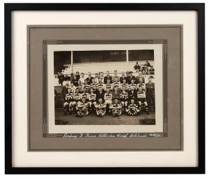 GEELONG 1931 PREMIERSHIP YEAR: Original team photograph with caption "Geelong F. Team, Alberton Oval, Adelaide 14/10/31"; window-mounted, framed and glazed, 31.5 x 37cm overall.
