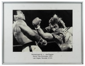 23 · MUHAMMAD ALI VS. JOE BUGNER: Two framed and glazed photos, one signed by both Ali and Bugner, the other signed by Bugner alone, the larger 42 x 55cm overall, together with contrived Lionel Rose vs Johnny Famechon photograph with both men's signatures on back, plus Sam Soliman autograph on media card. (4 items)