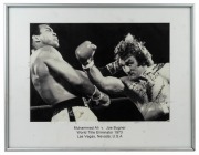 MUHAMMAD ALI VS. JOE BUGNER: Two framed and glazed photos, one signed by both Ali and Bugner, the other signed by Bugner alone, the larger 42 x 55cm overall, together with contrived Lionel Rose vs Johnny Famechon photograph with both men's signatures on b