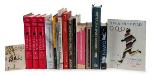 A shelf of books including "International Encylopedia of Women and Sports," (3 vols. 2001), "Australian Sport Through Time," (1997), "The Olympic Games Melbourne 1956," "Australia and the Olympic Games" by Gordon, "Our Don Bradman" by Piesse, "A History of Australian Sport" by Howell, "Olympic Sports Official Album, Montreal 1976," "The Complete Book of the Olympics" by Wallechinsky and 6 other items. (17)
